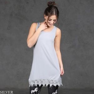 LAST ONE! Silver, New crochet trim tank tunic.
